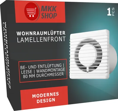 Product packaging for a room ventilation fan with louvered front.