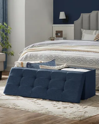 Produktbild von SONGMICS 110 cm Sitzbank mit Stauraum, klappbare Sitztruhe, Fußbank, dunkelblau