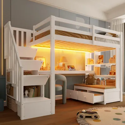 Image de ELANDEPOT Lit mezzanine 90 cm × 200 cm blanc Éclairage LED bureau tiroirs rangement escalier avec rangement escalier