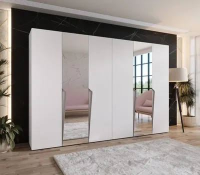 Obrázek produktu pro Zrcadlová šatní skříň 300 cm SORAYA 2 - bílá / kašmírové úchyty