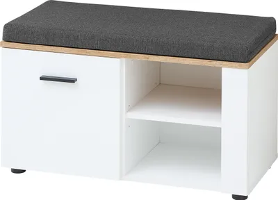 Produktbild von Schuhbank MECHELN Weiß 80x47 cm mit Sitzkissen, Softclose-Drehtür, Einlegeboden und 2 offenen Fächern