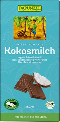 Obrázek produktu pro Rapunzel 1430335, Mléčná čokoláda, 80 g, Kokosová, 2320 kJ, 557 kcal, 37,37 g