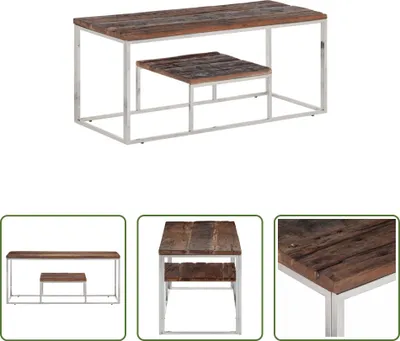 Produktbild von The Living Store Couchtisch Silbern Edelstahl und Massive Holzschwellen