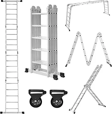 Produktbild von TRMLBE Hliníkový viacúčelový rebrík 550 cm, multifunkčný rebrík 6 v 1, skladací rebrík s 2 kolieskami a plošinou, 4 x 5 strieborný skladací viacúčelový rebrík do 150 kg