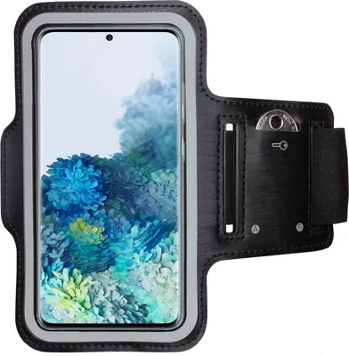 A black sport armband with a phone inside, placed on a white background.