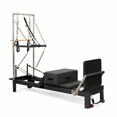 Immagine prodotto di PH Fitness Reformer Pilates in alluminio con torre a mezzo trapezio – Attrezzo professionale con 6 molle, barra poggiapiedi regolabile e imbottitura di alta qualità - Nero