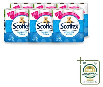 Imagen del producto de 6 rollos de papel higiénico Scottex Complete Clean, de doble capa, pack ahorro - 6 unidades