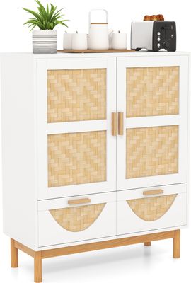 COSTWAY Sideboard Buffetschrank mit 2 Türen, Bodenschrank mit Bambusgeflochtenen Türen, 2 Schubladen & Verstellbarem Regal
