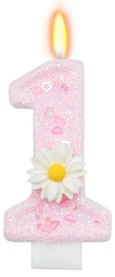 Geburtstagskerze Zahl 1 mit Gänseblümchen, rosa, 7,2 cm