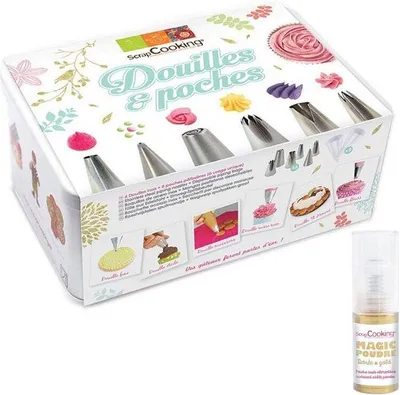 Produktbild von Konditoreibox 6 Edelstahl-Spritztüllen und Spritzbeutel + Golden-Lebensmittelpulver