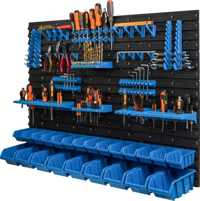 A well-organized tool wall with various tools and storage bins.