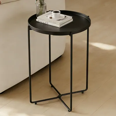 Produktbild von Mai & Mai Beistelltisch rund Ø35×H51 cm, Couchtisch klein mit abnehmbarem Tablett aus PP-Kunststoff,  Schwarz Reglo-08