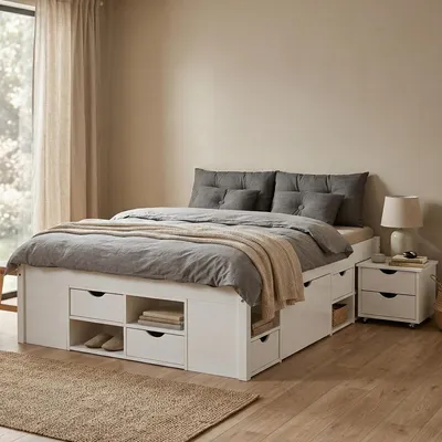 Image de Ravanusa - Lit Double, Blanc, avec Rangement