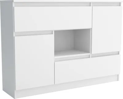 A white, modern sideboard or dresser with various compartments.