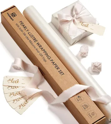 Produktbild von Famanu Geschenkpapierset 43 cm x 5 m - Parelmoer Glanzendes Geschenkpapier mit Satinband und Geschenkanhängern