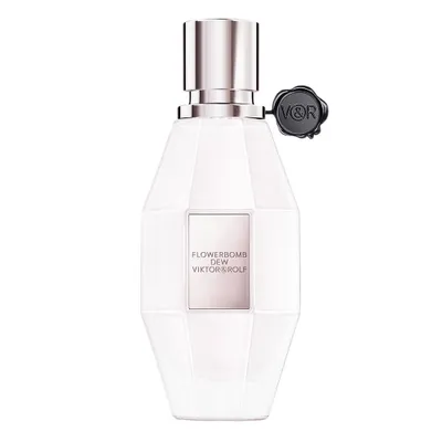 A white Viktor & Rolf Flowerbomb Dew Eau de Parfum bottle with a silver cap and a black wax seal logo.