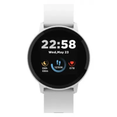 A white smartwatch with a black screen displaying the time, date, and health metrics.