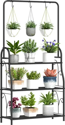 Produktbild von Pflanzenregal - Blumenständer 3 Ebenen - Metall - Mit Hängestange und Haken - Für innen und außen - 75×25×137 cm - Schwarz
