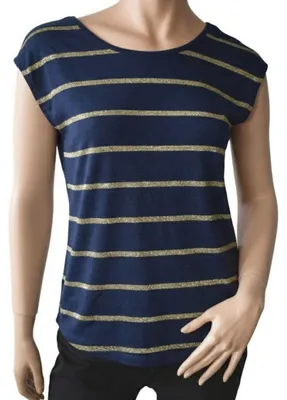 Image de T-shirt pour femme, marque Rammi, couleur bleu marine avec des rayures dorées, taille XS