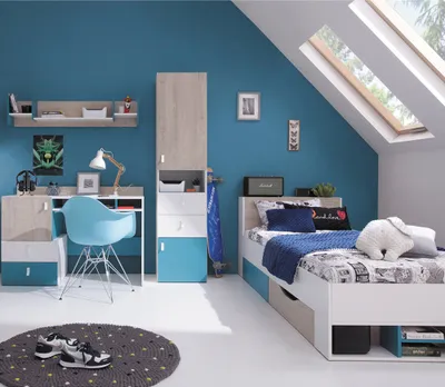 Produktbild von Jugendzimmer Set 4-teilig PITTSBURGH-133 mit Jugendbett 90x200 in weiß mit Eiche und blau