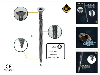 Immagine prodotto di 200x viti universali per legno 4,0x60mm T20 Torx per pannelli truciolari zincate