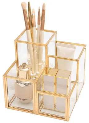 Produktbild von Make-up Pinselhalter goldfarben, 4 Fächer, Kosmetik Organizer für Schminktisch