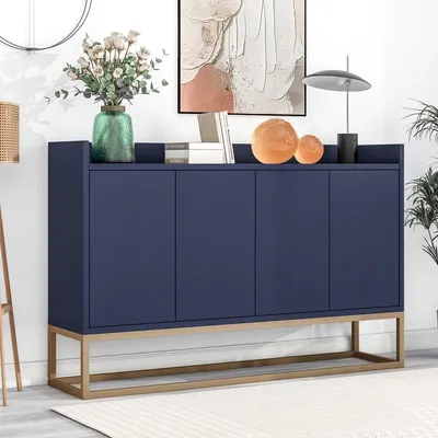 A navy blue sideboard with a gold frame is shown in a room setting.