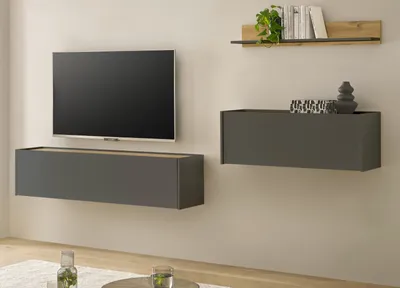 Produktbild von Wohnwand mit Sekretär in grau und Eiche, Wohnkombination Center 3-teilig