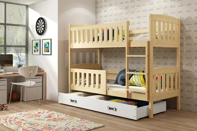 Produktbild von Kinderhochbett mit Stauraum und Matratzen 80x190 BRIGID – Kiefer / Weiß