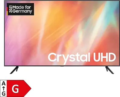 A Samsung Crystal UHD TV is shown on a white background with its stand.
