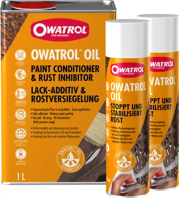 Produktbild von Owatrol Öl Bundle Größen: 1 x Liter + 2 x 300 ml Spray, Rostumwandler, Grundierung, Rostschutz, dauerhaft elastisch, Oldtimer, Lufttrocknend