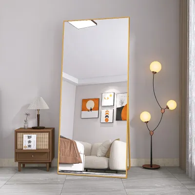 Produktbild von Lustro stojące Fortuna Lai ze złotą metalową ramą 180x80cm, duże lustro HD do garderoby, prostokątne, wysokie lustro do salonu lub garderoby, złote