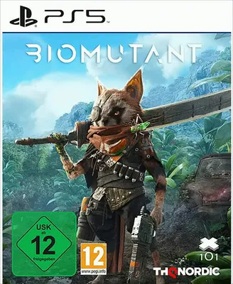 The cover art for the video game Biomutant on PS5, featuring a mutated animal character holding a large sword.