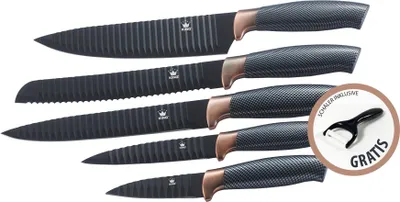 Produktbild von 5tlg. Messerset KING® CARBON DESIGN Edelstahl beschichtete Klingen mit Riffelstruktur plus gratis Schäler / Größen: 20cm Kochmesser, 20cm Ausbeinmesser, 20cm Brotmesser, 12.5cm Universalmesser & 8.5cm Gemüsemesser
