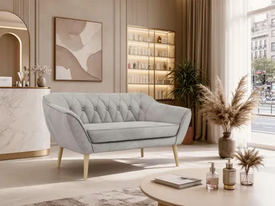 Produktbild von MKS MEBLE Polstersofa mit Armlehnen PIRS 2 Skandinavisches Sofa 2-Sitzer,  Sofa mit Wellenfederung,  Breite 140 cm, Buche Füße  Couch mit Holzbeinen - Hellgrau Velvet