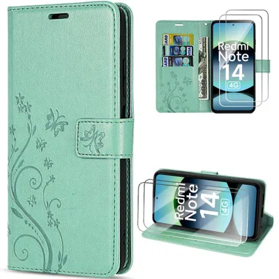 Image de Coque et 2 Verres Trempés pour Xiaomi Redmi Note 14 4G, Cuir Synthétique Motif Relief Floral Papillon Vert