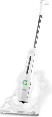 A white steam mop is shown against a white background, emitting steam from its base.