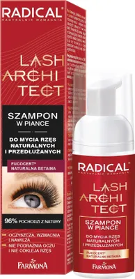 A product shot of a red and white bottle of eyelash shampoo next to its packaging.