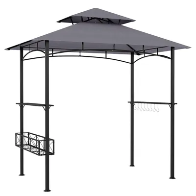 Produktbild von COSTWAY Grillpavillon, Grillunterstand mit Doppeldach, Korb, 2 Seitenregalen & 8 Haken, Pavillon wetterfest, Grillüberdachung 245x149x248cm, Grau