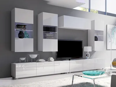 Produktbild von Wohnwand CALABRINI-5 Wohnzimmer-Set Hängewohnwand Schrankwand mit LED-Beleuchtung TV-Schrank Vitrine Moderne Anbauwand Hochglanz (Weiß)