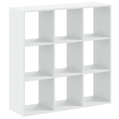 A white, multi-compartment bookshelf is shown against a white background.