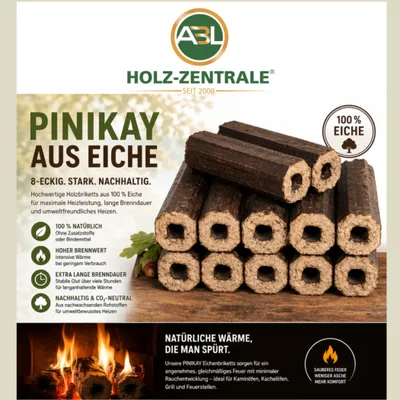 Produktbild von Pinikay Holzbriketts 100% Eiche – 8-eckig mit Loch -  – Hoher Heizwert – Geringe Asche – 10kg Packung für Ofen & Kamin