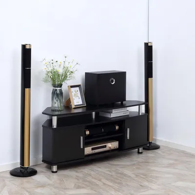 Zdjęcie produktu dla RTV stojak do telewizora o przekątnej 55 cali, z szafkami i otwartą półką, wykonany z drewna, wymiary: 120x40x52 cm, kolor: czarny