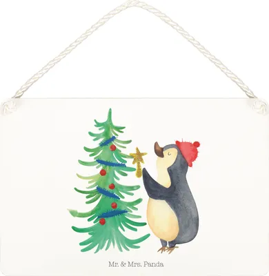 Produktbild von Mr. & Mrs. Panda Schild Pinguin Weihnachtsbaum DIN A5 - Weiß - Geschenk, Winter, Türschild, kleine aufmerksamkeit, Weihnachten, Wandbild Holz, holzbild, Holzschild