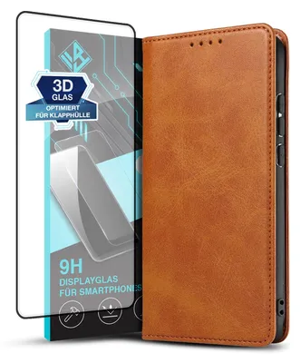 Produktbild von Handyhülle für Huawei P30 Pro mit 9H Displayglas Kunstleder Flip Cover Hülle Klapphülle Case Kartenfach Farbe: Hellbraun