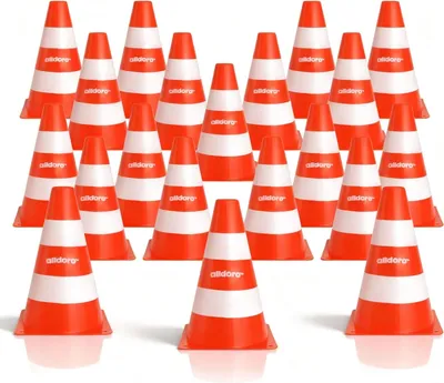 Produktbild von Pylonen 20er Set – Robuste Markierungskegel für Sport, Spiel und Verkehrserziehung, 18 cm hoch, Orange-Weiß, stapelbar