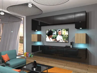 Produktbild von Furnitech Wohnwand Wohnzimmer - Hängend Wohnwand Modern - Wohnzimmer Schrankwand (Nowara AN1-17BS-HGM30 1B)