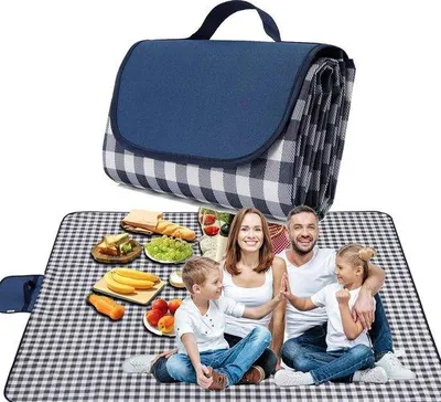 Produktbild von Picknickdecke 200 x 200 cm, wasserdicht und sandabweisend – Faltbare Strandmatte für Picknicks im Freien – Marineblau-weißes Karomuster