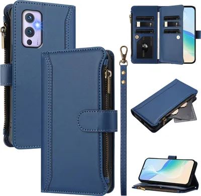 Image de Etui pour OnePlus 9, zippé, portefeuille Etui à rabat en cuirPolyuréthaneavec poches pour cartes, support et dragonne bleu