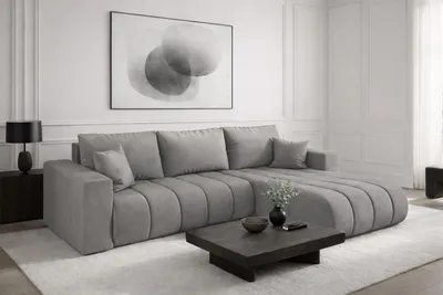Image de Canapé d'angle avec fonction sommeil et coffre de lit MILO PREMIUM, tissu MONOLITH, gris clair, droite